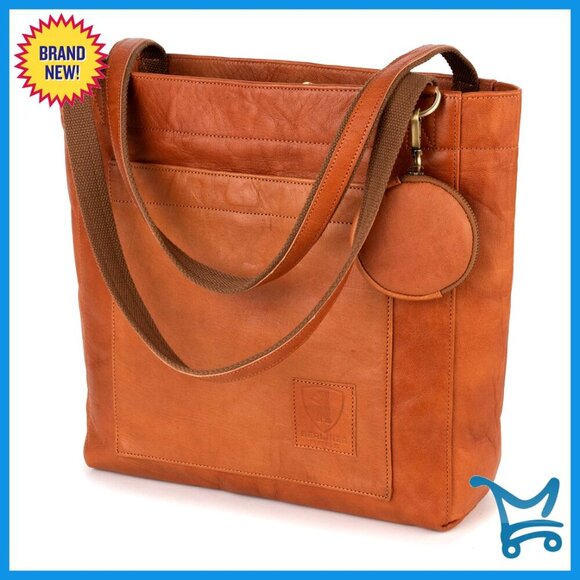 Handbags - Large Genuine Leather Tote Bag with Detachable Pouch and Magnetic Closure